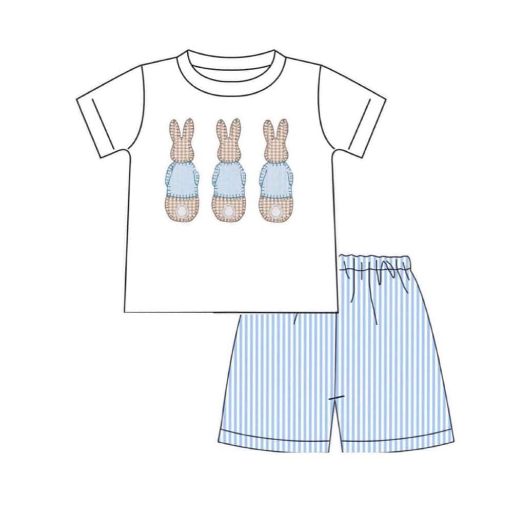 ( Moq 5 ) Preorder Baby Boys Rabbits Shirt Blue Stripes Shorts Easter Clothes Set