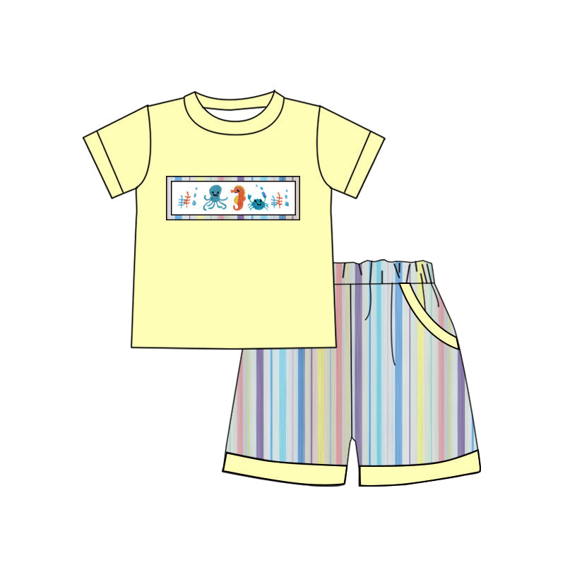 ( Moq 5 ) Preorder Baby Boys Short Sleeves Sea Animals Shirt Stripes Pockets Shorts Set