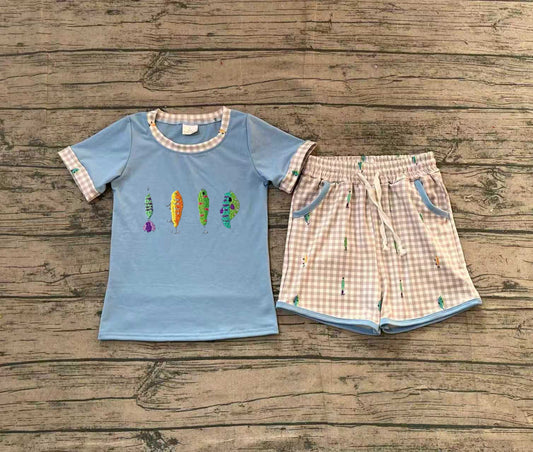 (No moq ) Preorder Baby Boys Short Sleeves Embroidery Fishing Shirt Plaid Pockets Shorts Set