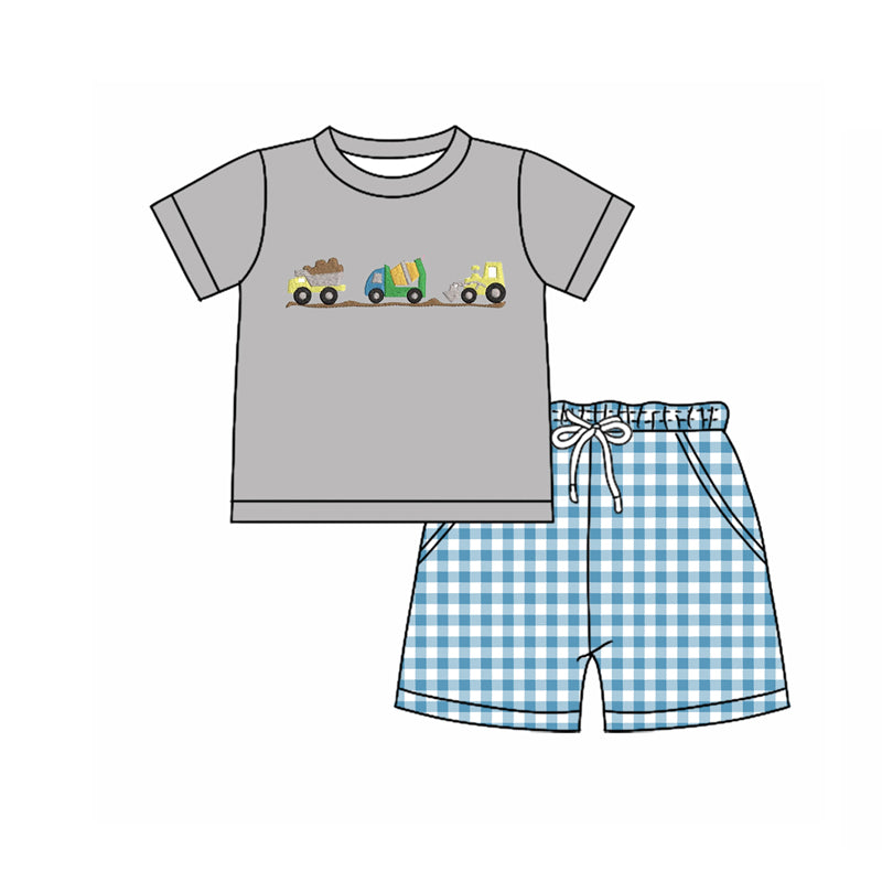 ( Moq 5 ) Preorder Baby Boys Short Sleeves Trucks Shirt Pockets Blue Plaid Shorts Summer Set