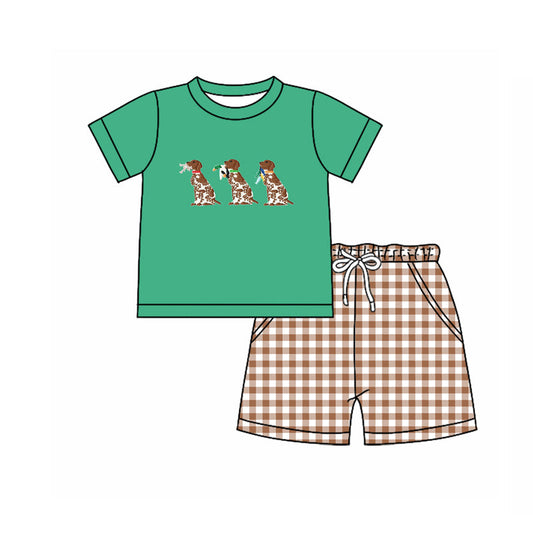 ( Moq 5 ) Preorder Baby Boys Dogs Ducks Shirt Plaid Pockets Shorts Hunting Clothes Set