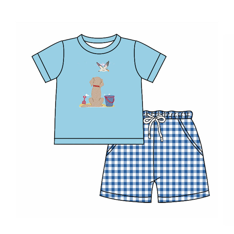 ( Moq 5 ) Preorder Baby Boys Short Sleeves Dogs Ducks Shirt Plaid Pockets Shorts Summer Set