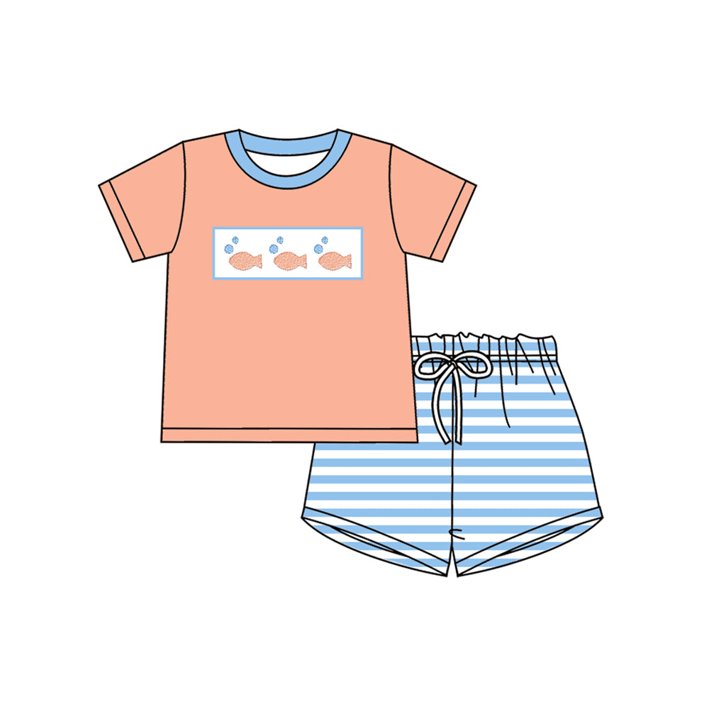 ( Moq 5 ) Preorder Baby Boys Short Sleeves Fish Shirt Blue Stripes Shorts Clothes Set