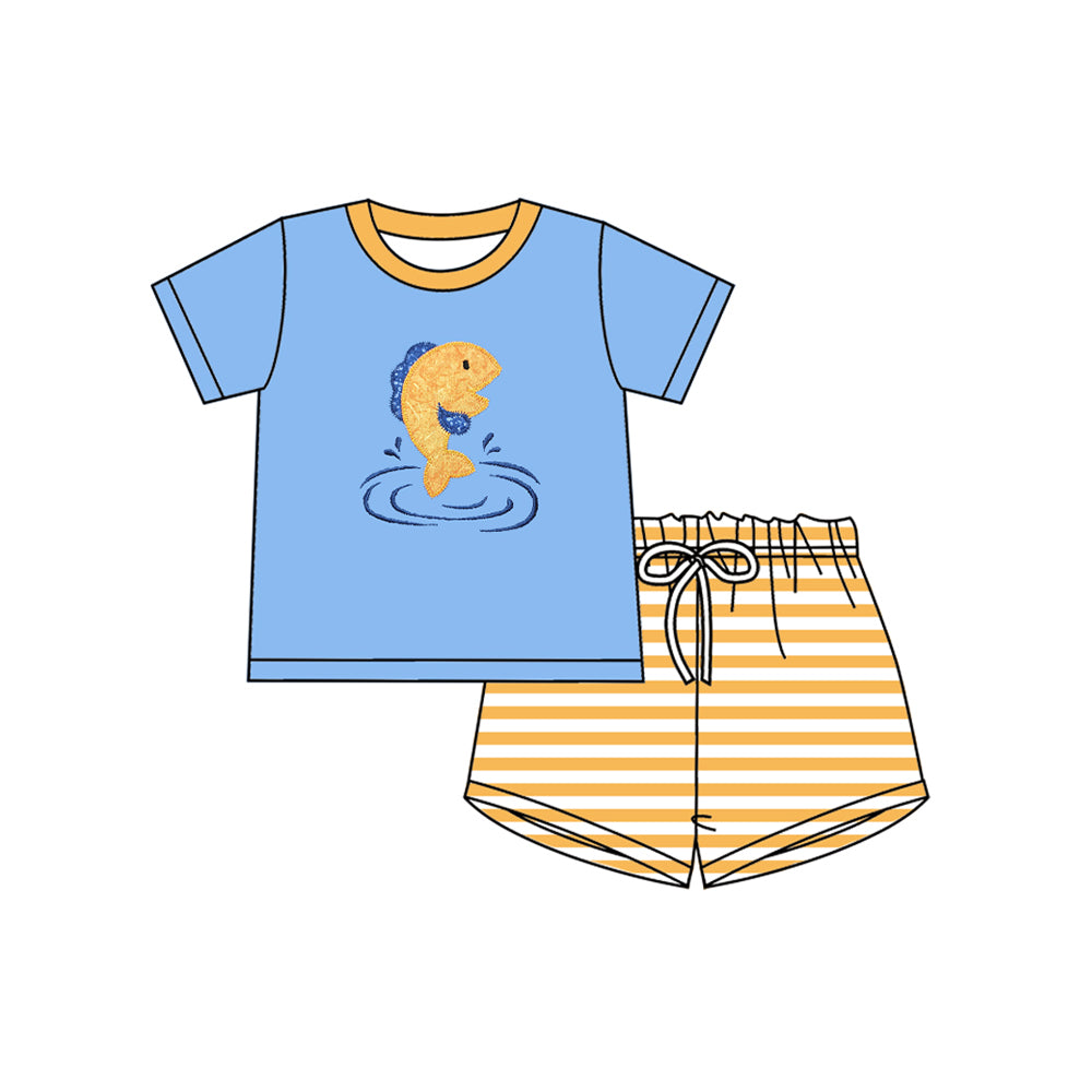( Moq 5 ) Preorder Baby Boys Blue Short Sleeves Fish Shirt Stripes Shorts Clothes Set