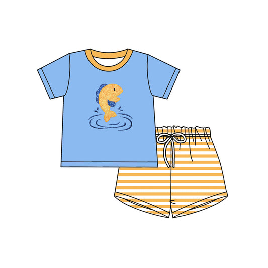( Moq 5 ) Preorder Baby Boys Blue Short Sleeves Fish Shirt Stripes Shorts Clothes Set