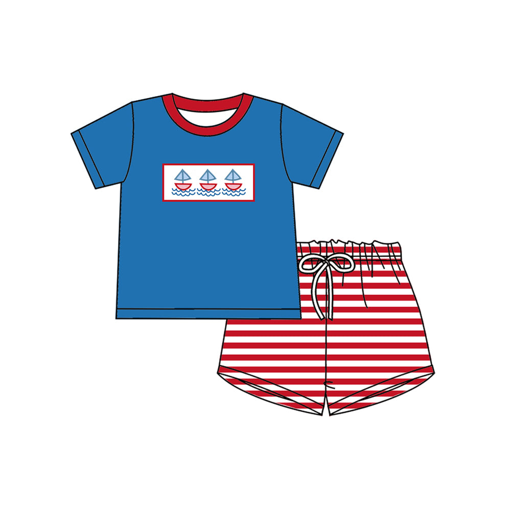( Moq 5 ) Preorder Baby Boys Short Sleeves Boats Shirt Stripes Shorts Clothes Set