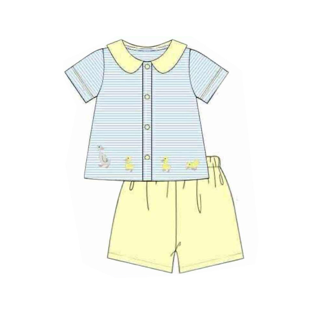 ( Moq 5 ) Preorder Baby Boys Short Sleeves Ducks Stripes Buttons Shirt Yellow Shorts Clothes Set
