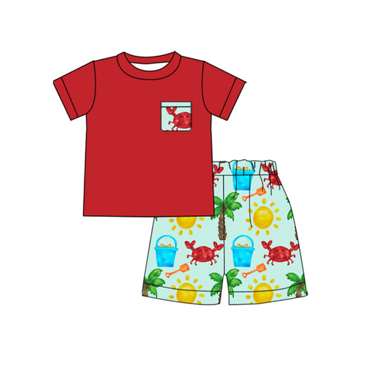 ( Moq 5 ) Preorder Baby Boys Red Pocket Shirt Crabs Shorts Clothes Set