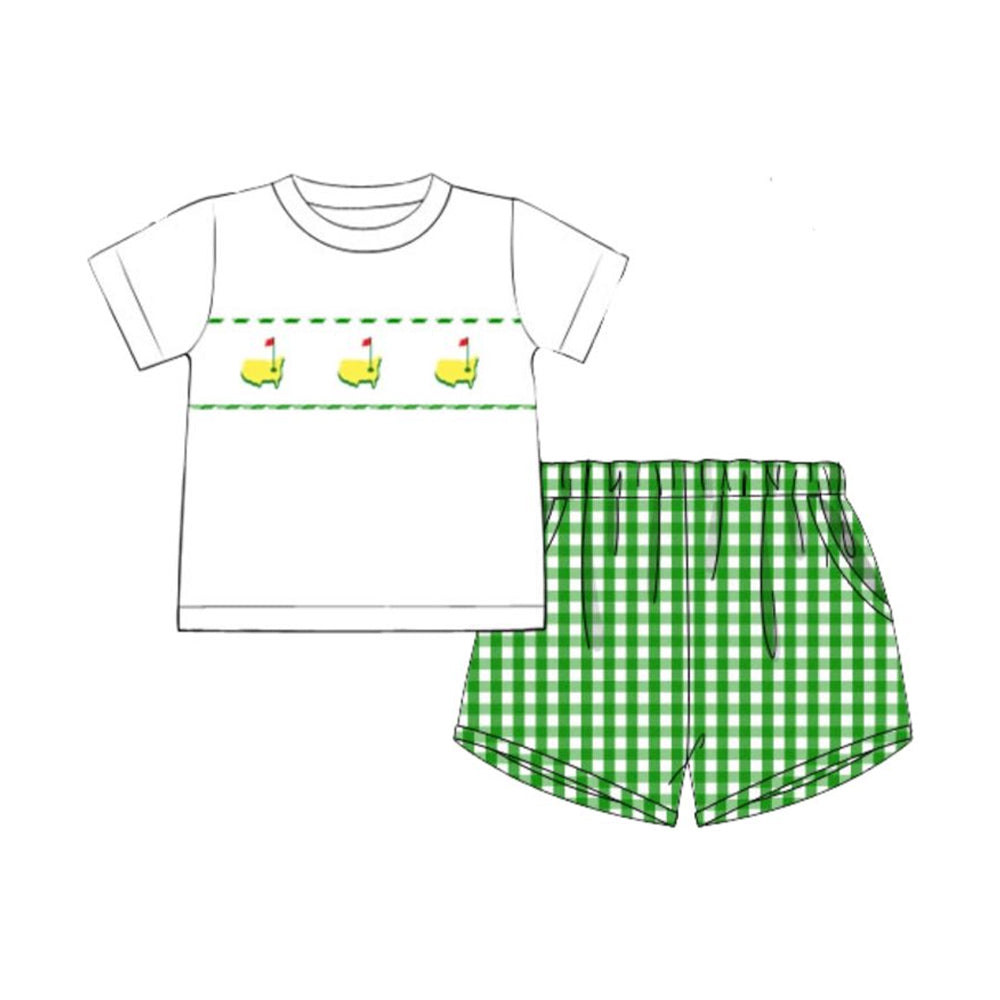 ( Moq 5 ) Preorder Baby Boys Short Sleeves Golf Shirt Green Plaid Pockets Shorts Set