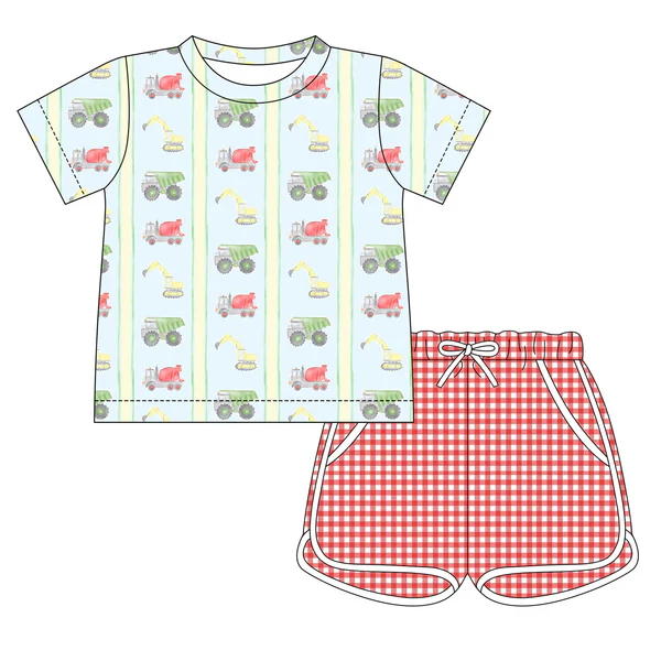 ( Moq 5 ) Preorder Baby Boys Short Sleeves Trucks Shirt Plaid Pockets Shorts Clothes Set
