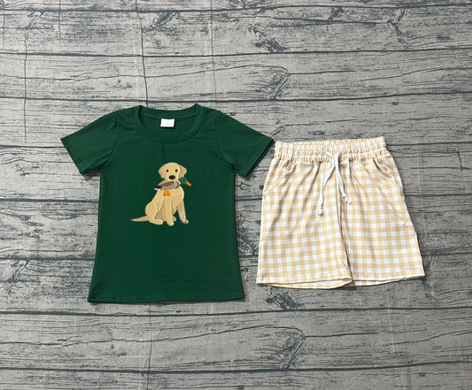 ( No moq ) Preorder Baby Boys Short Sleeves Embroidery Dog Duck Shirt Plaid Pockets Shorts Hunting Set