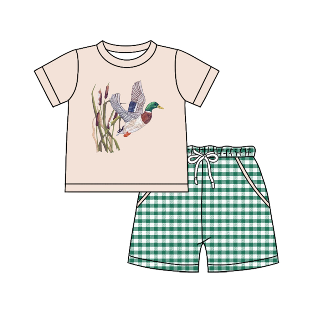( Moq 5 ) Preorder Baby Boys Short Sleeves Ducks Shirt Green Plaid Pockets Shorts Clothes Set
