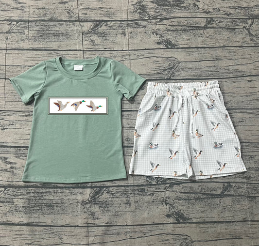 ( No moq ) Preorder Baby Boys Kids Short Sleeves Embroidery Ducks Shirt Pockets Shorts Set