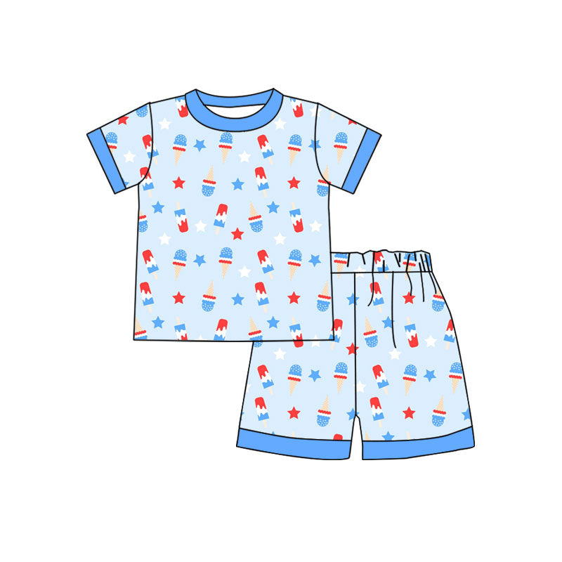 ( Moq 5 ) Preorder Baby Boys Stars Popsicles Shirt Shorts July 4th Pajamas Clothes Set
