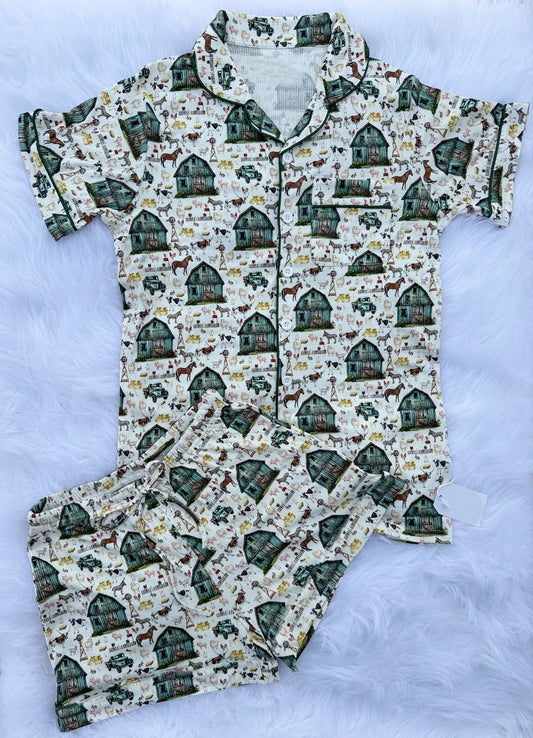 ( Moq 5 ) Preorder Baby Boys Short Sleeves Farm Animals Buttons Pocket Shirt Shorts Pajamas Set
