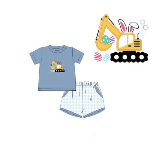 ( Moq 5 ) Preorder Baby Boys Rabbit Eggs Construction Shirt Pockets Plaid Shorts Easter Set