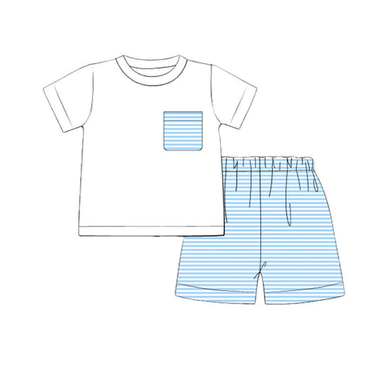 ( Moq 5 ) Preorder Baby Boys Short Sleeves Pocket Shirt Blue Stripes Shorts Clothes Set