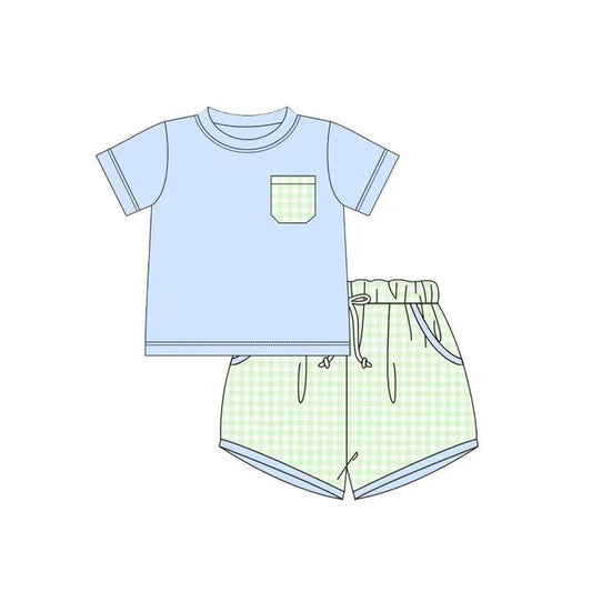 ( Moq 5 ) Preorder Baby Boys Short Sleeves Blue Shirt Plaid Pockets Shorts Clothes Set