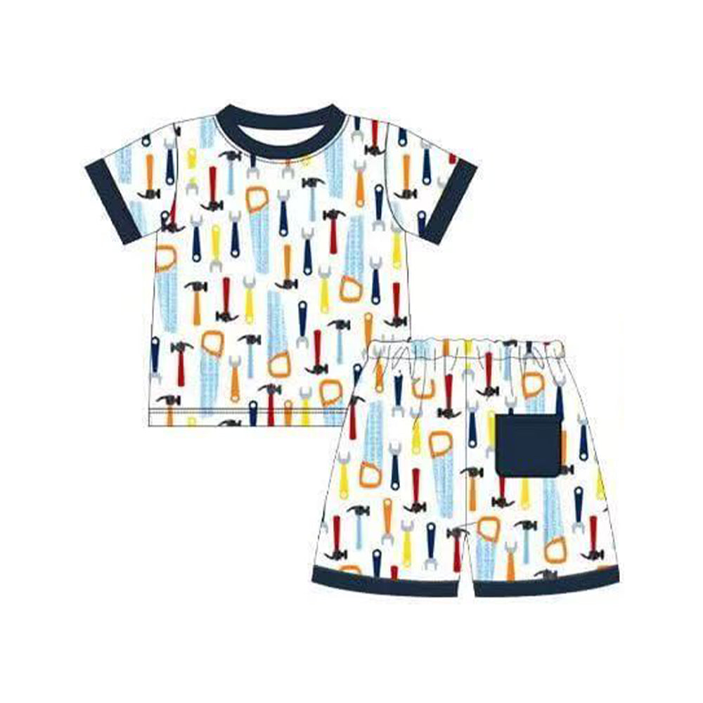 ( Moq 5 ) Preorder Baby Boys Short Sleeves Shirt Pocket Shorts Tools Pajamas Set