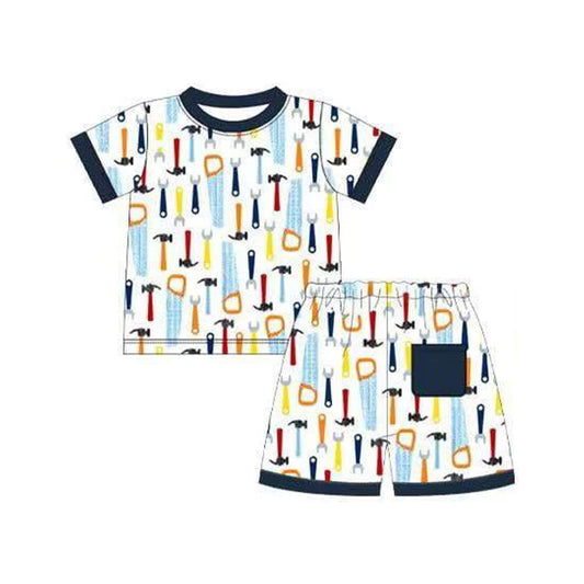( Moq 5 ) Preorder Baby Boys Short Sleeves Shirt Pocket Shorts Tools Pajamas Set