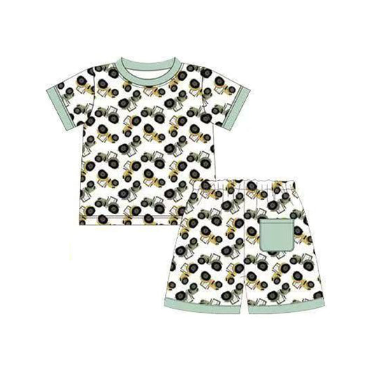 ( Moq 5 ) Preorder Baby Boys Short Sleeves Shirt Pocket Shorts Trucks Pajamas Set
