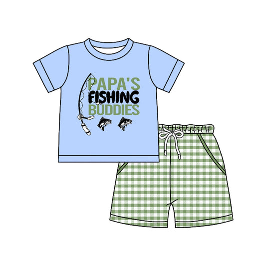 ( Moq 5 ) Preorder Baby Boys Papa's Fishing Shirt Plaid Pockets Shorts Clothes Set