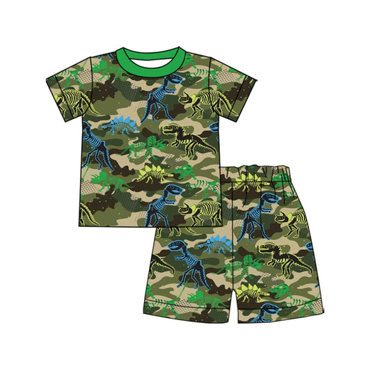 ( Moq 5 ) Preorder Baby Boys Green Camo Short Sleeves Dinosaurs Shirt Shorts Set