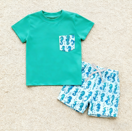 ( Moq 5 ) Preorder Baby Boys Short Sleeves Green Pocket Shirt Sea Horses Shorts Clothes Set