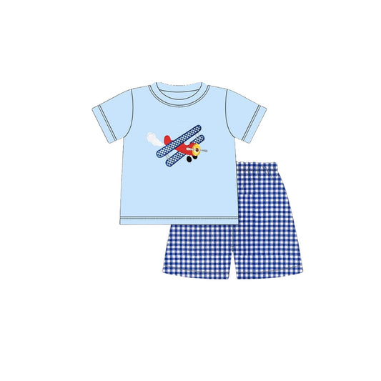 ( Moq 5 ) Preorder Baby Boys Short Sleeves Plane Blue Shirt Plaid Shorts Clothes Set