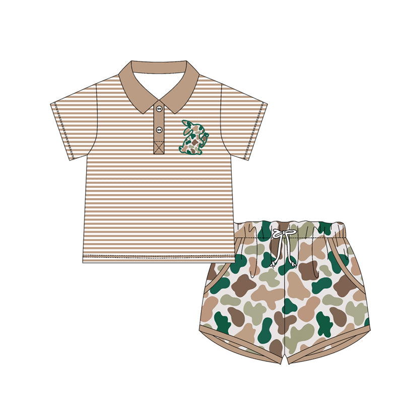 ( Moq 5 ) Preorder Baby Boys Short Sleeves Rabbit Stripes Buttons Shirt Camo Pockets Shorts Easter Set