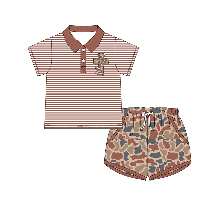 ( Moq 5 ) Preorder Baby Boys Short Sleeves Cross Stripes Buttons Shirt Camo Pockets Shorts Easter Set