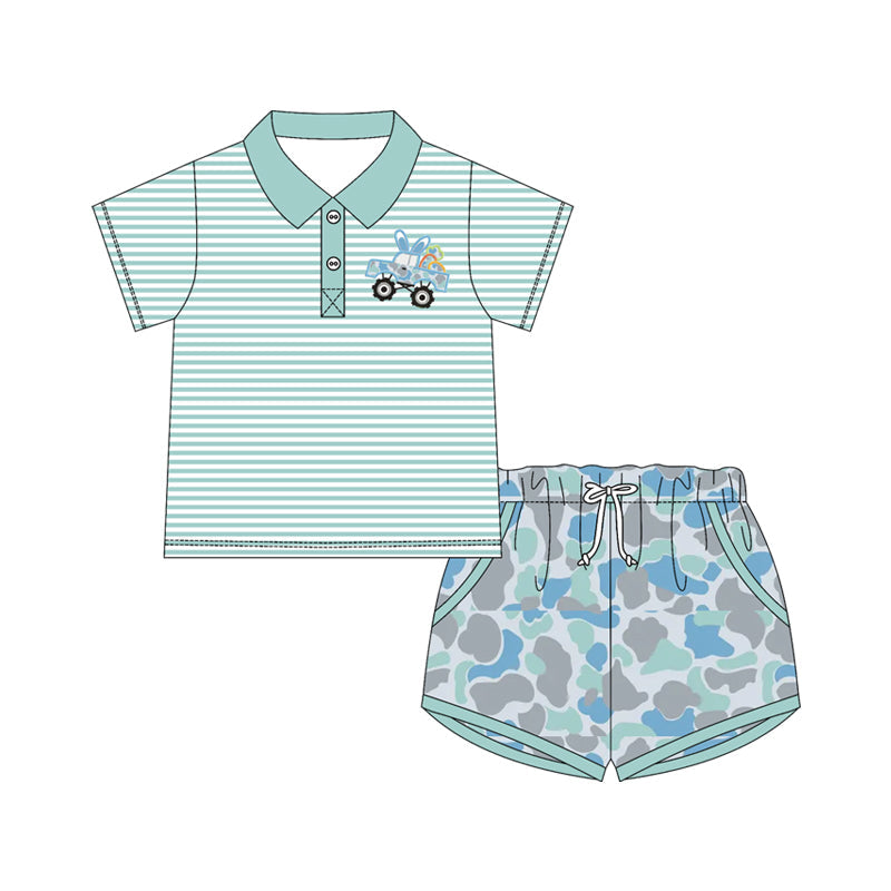 ( Moq 5 ) Preorder Baby Boys Short Sleeves Rabbit Truck Eggs Stripes Buttons Shirt Camo Pockets Shorts Easter Set
