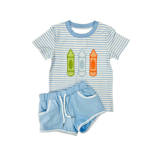 ( Moq 5 ) Preorder Baby Girls Short Sleeves Pencils Stripes Shirt Blue Pockets Shorts Back to School Set