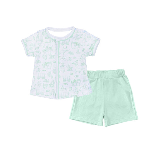 ( Moq 5 ) Preorder Baby Boys Short Sleeves Horse Cactus Shirt Green Shorts Western Clothes Set