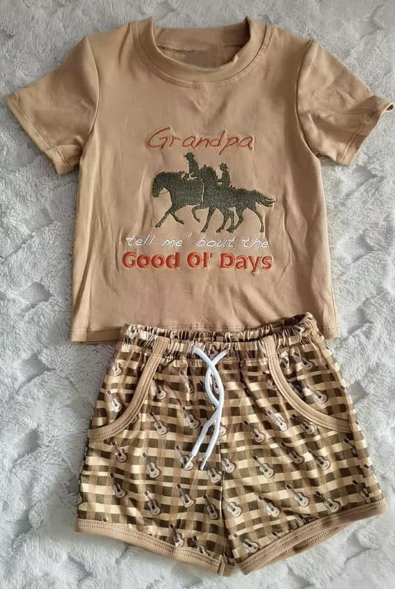 ( Moq 5 ) Preorder Baby Boys Short Sleeves Grandpa Cowboy Shirt Guitar Stripes Pockets Shorts Set