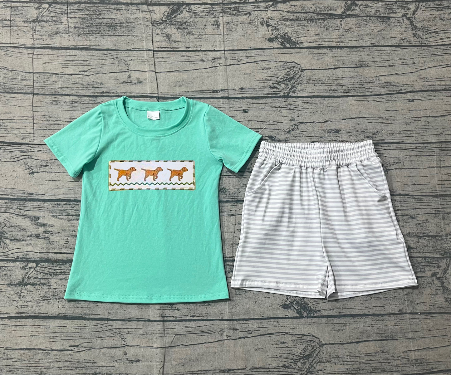 ( No moq ) Preorder Baby Boys Short Sleeves Embroidery Dogs Shirt Stripes Pockets Shorts Set