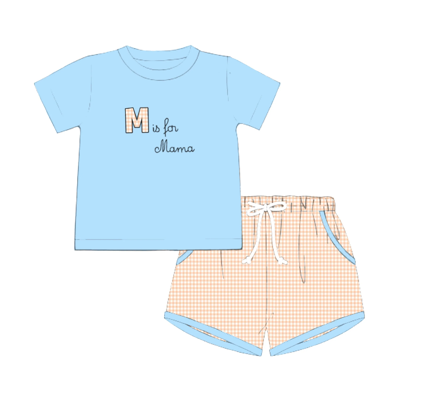( Moq 5 ) Preorder Baby Boys Blue Short Sleeves Mama Shirt Plaid Pockets Shorts Clothes Set