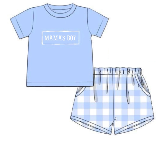 ( Moq 5 ) Preorder Baby Kids Short Sleeves Mama's Boy Shirt Plaid Pockets Shorts Blue Outfit