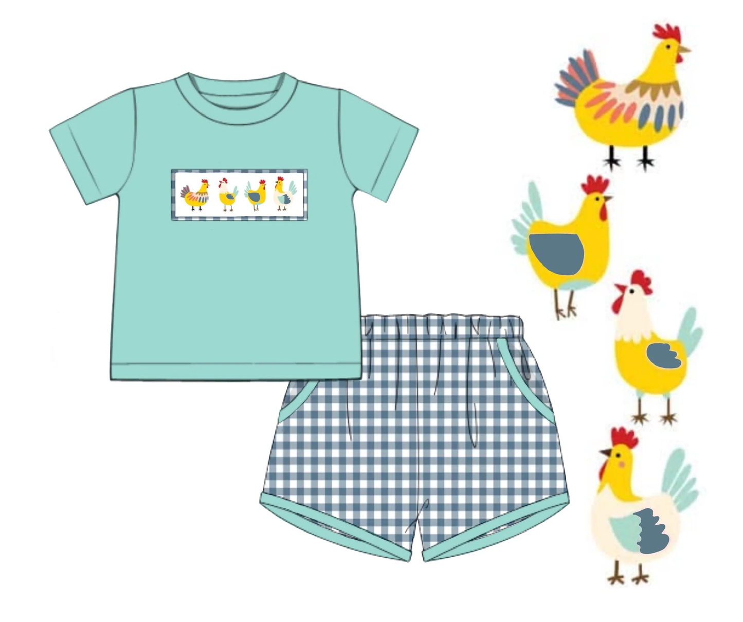 ( Moq 5 ) Preorder Baby Boys Short Sleeves Chicken Shirt Plaid Pockets Shorts Clothes Set
