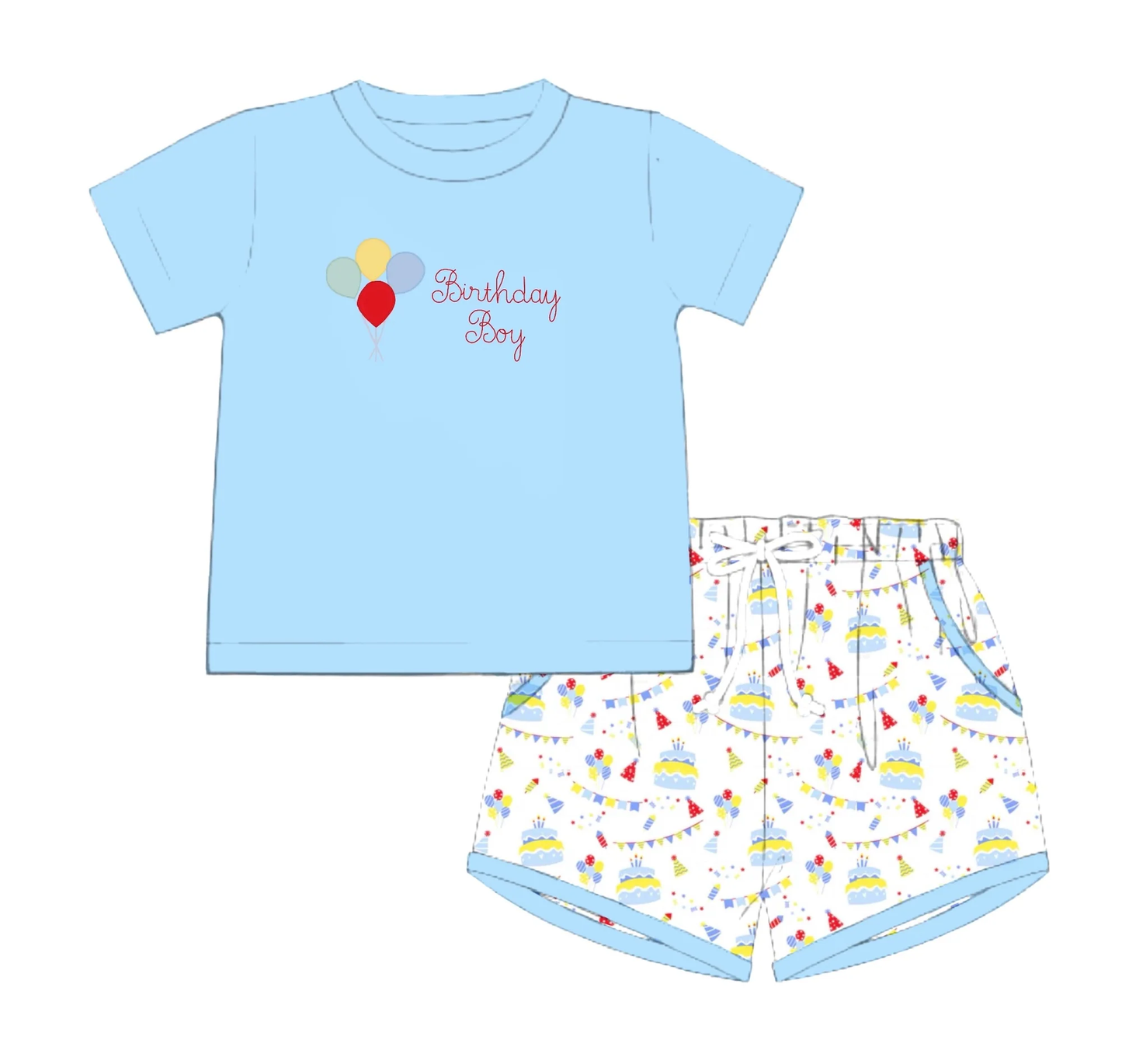 ( Moq 5 ) Preorder Baby Boys Balloons Blue Shirt Cakes Pockets Shorts Happy Birthday Set