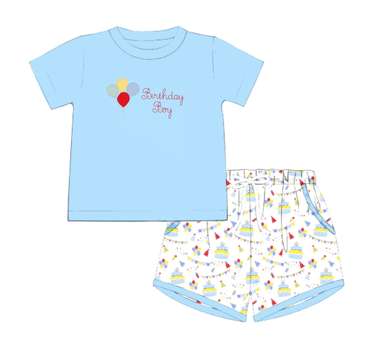 ( Moq 5 ) Preorder Baby Boys Balloons Blue Shirt Cakes Pockets Shorts Happy Birthday Set
