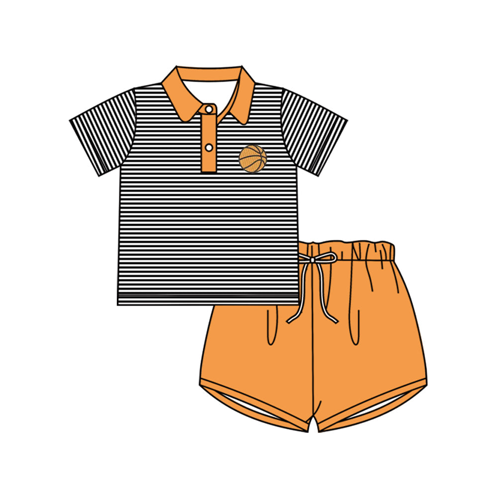 ( Moq 5 ) Preorder Baby Boys Short Sleeves Basketball Stripes Buttons Shirt Shorts Clothes Set