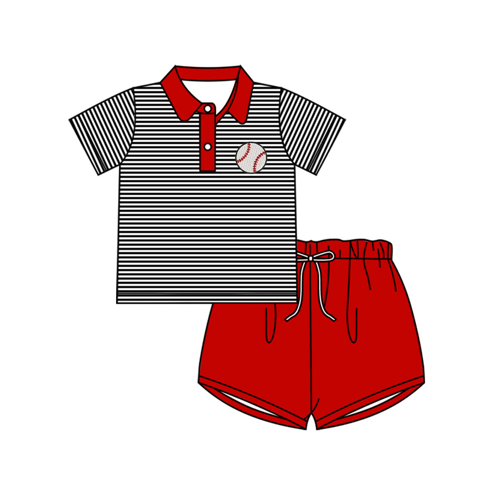 ( Moq 5 ) Preorder Baby Boys Short Sleeves Baseball Stripes Buttons Shirt Red Shorts Clothes Set