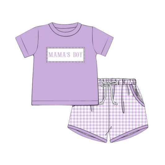 ( Moq 5 ) Preorder Baby Kids Purple Short Sleeves Mama's Boy Shirt Pockets Plaid Shorts Set