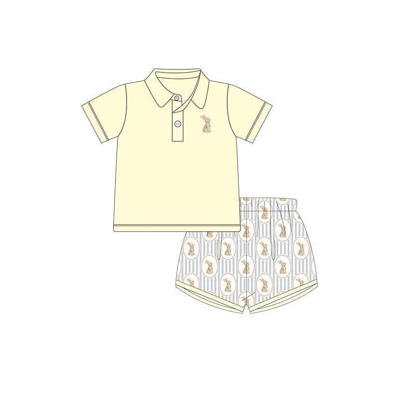 ( Moq 5 ) Preorder Baby Boys Yellow Buttons Shirt Rabbits Stripes Shorts Easter Clothes Set