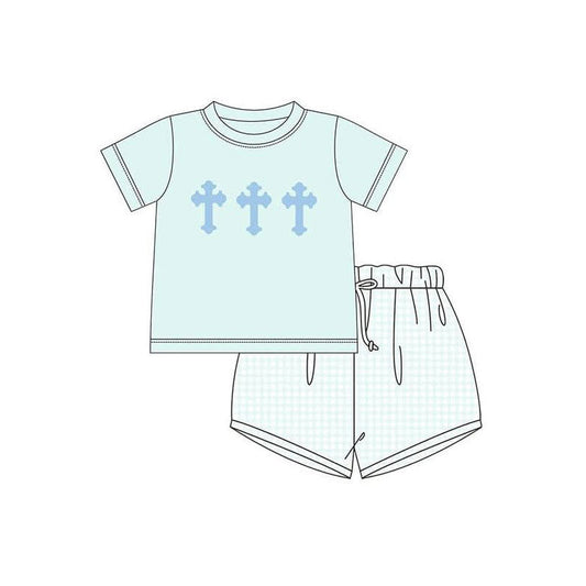 ( Moq 5 ) Preorder Baby Boys Short Sleeves Crosses Shirt Plaid Shorts Easter Clothes Set