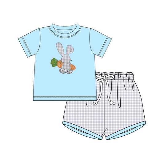 ( Moq 5 ) Preorder Baby Boys Short Sleeves Rabbit Carrot Blue Shirt Plaid Shorts Easter Clothes Set