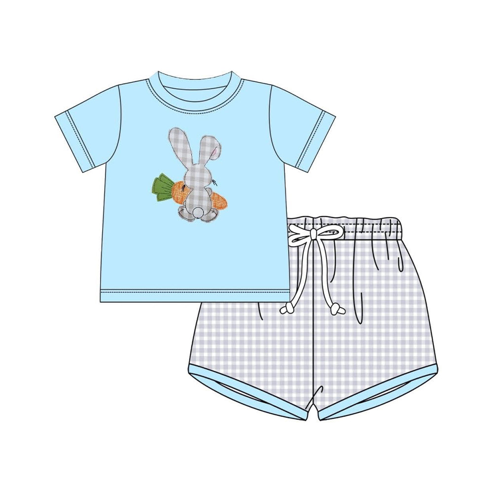 ( Moq 5 ) Preorder Baby Boys Short Sleeves Rabbit Carrot Blue Shirt Plaid Shorts Easter Clothes Set