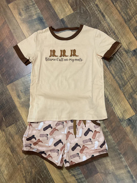( Moq 5 ) Preorder Baby Boys Short Sleeves Boots Shirt Pockets Shorts Western Clothes Set