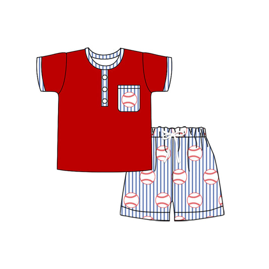 ( Moq 5 ) Preorder Baby Boys Buttons Pocket Red Shirt Baseballs Stripes Shorts Clothes Set